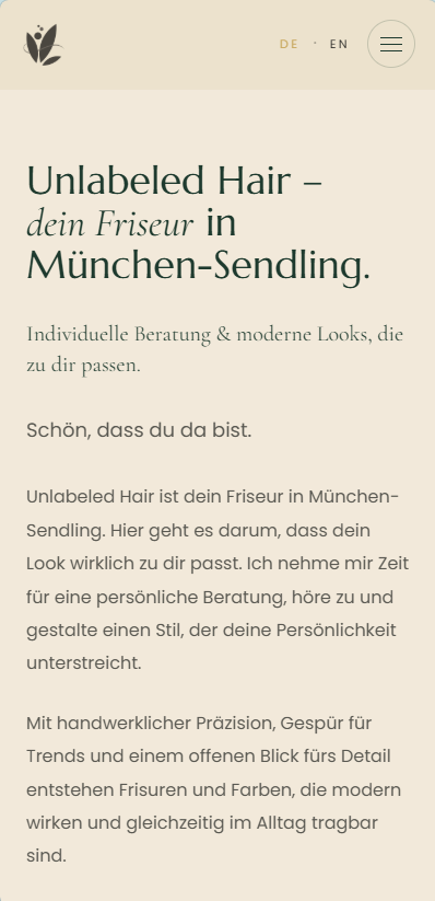 Startseite von Unlabeled Hair — Mobile-Ansicht