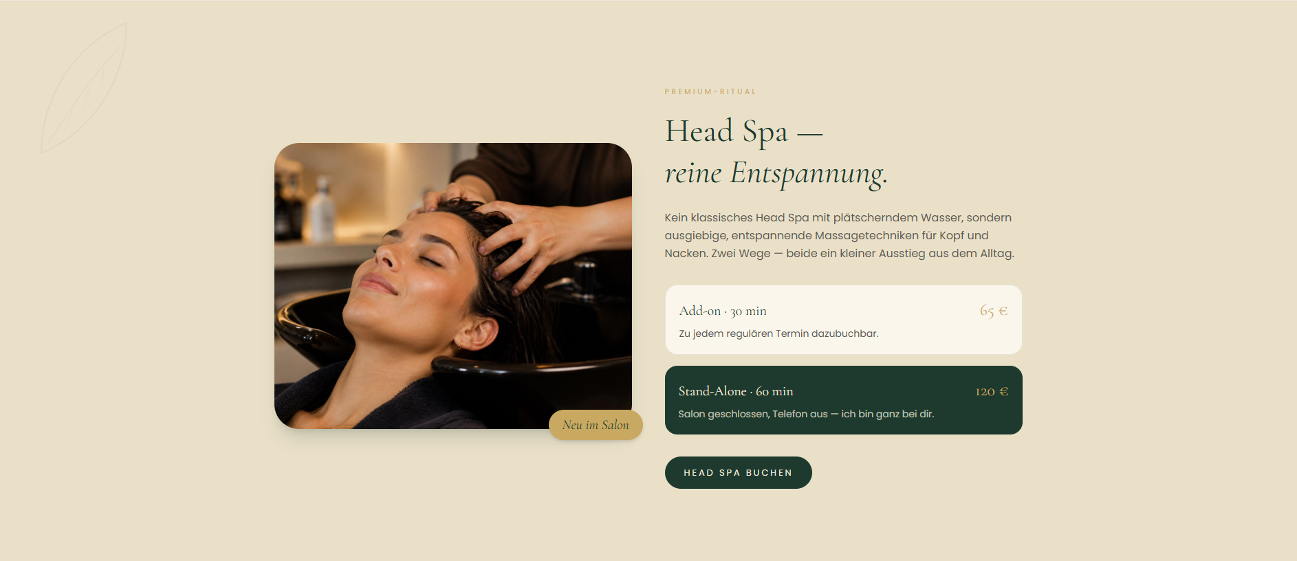 Head-Spa-Bereich der Unlabeled-Hair-Website mit Preisdarstellung